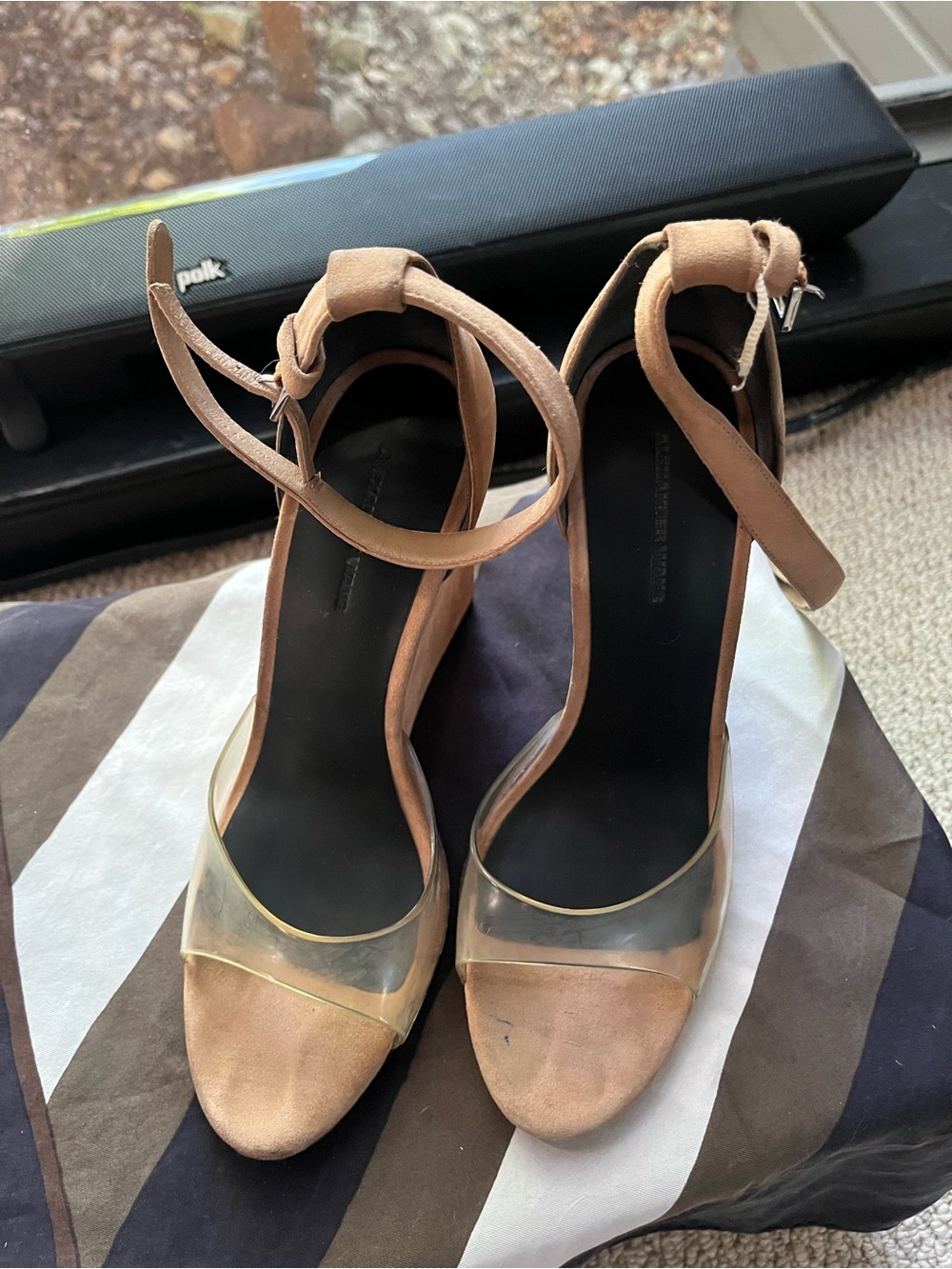 Alexander Wang Tan Suede Wedge Sandals with Clear Toe Strap